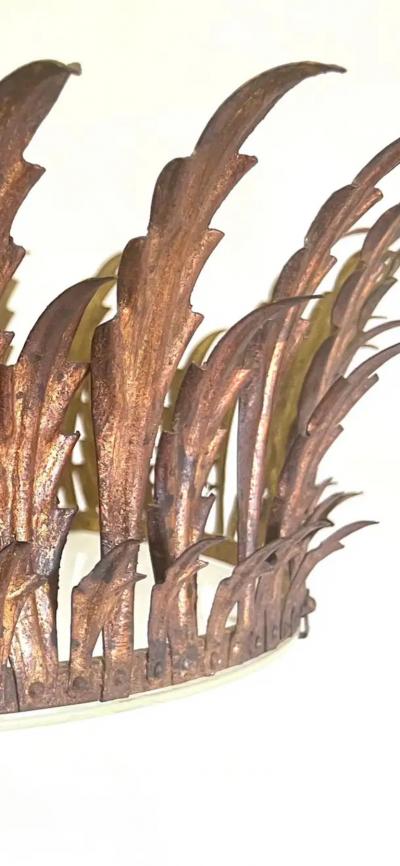 Gilbert Poillerat Large French Mid Century Gilt Iron Crown Sunburst Pendant or Flush Mount