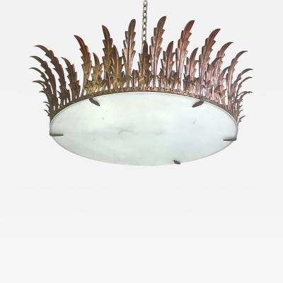 Gilbert Poillerat Large French Mid Century Gilt Iron Crown Sunburst Pendant or Flush Mount