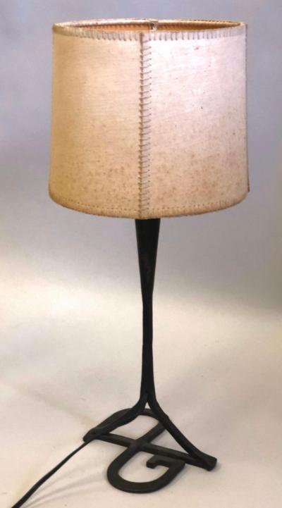 Gilbert Poillerat Midcentury Wrought Iron and Parchment Table Lamp Attributed Gilbert Poillerat