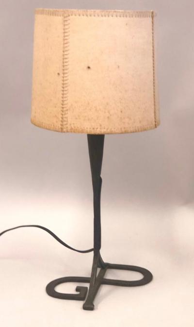 Gilbert Poillerat Midcentury Wrought Iron and Parchment Table Lamp Attributed Gilbert Poillerat