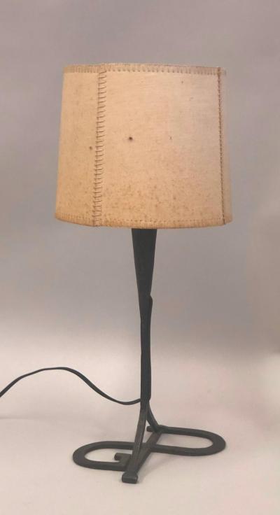 Gilbert Poillerat Midcentury Wrought Iron and Parchment Table Lamp Attributed Gilbert Poillerat