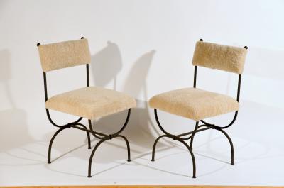 Gilbert Poillerat Pair of Chic Arcade Wrought Iron and Shearling Chairs by Design Fr res
