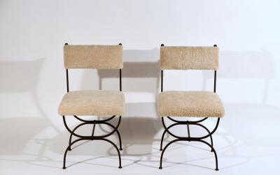Gilbert Poillerat Pair of Chic Arcade Wrought Iron and Shearling Chairs by Design Fr res