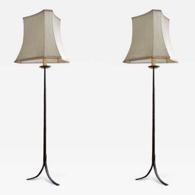 Gilbert Poillerat Pair of French 1940s Hand Hammered Iron Floor Lamps
