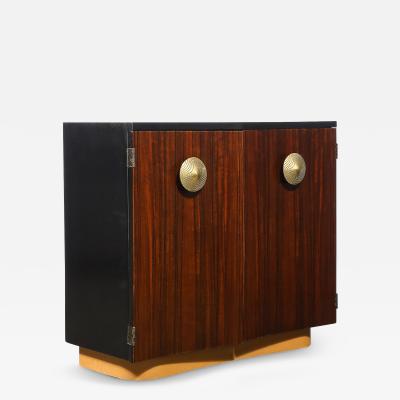 Gilbert Rohde Art Deco Brass Pulls Leather Wrapped Base Paldao Wood Cabinet by Gilbert Rohde