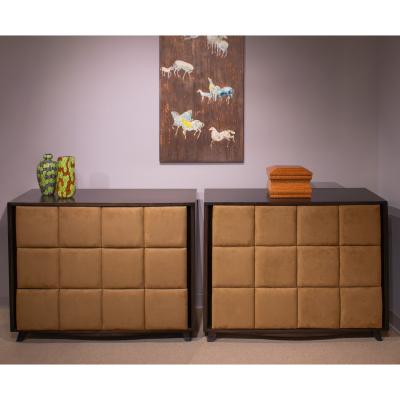 Gilbert Rohde Gilbert Rohde Chic Pair of Chests with Upholstered Drawer Fronts 1940s