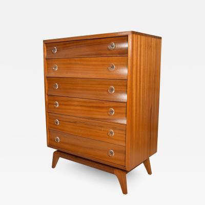 Gilbert Rohde Gilbert Rohde Elegant Sapele High Dresser Chest Lucite Pulls Flared Legs 1940s