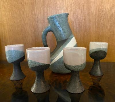 Gilbert Valentin Ceramic jug and set of four cups chalices France 1950s