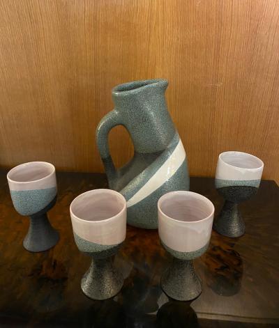 Gilbert Valentin Ceramic jug and set of four cups chalices France 1950s