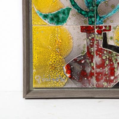 Gilbert Valentin Modernist Ceramic Tile Wall Plaque of Sunflowers Signed Gilbert Valentin