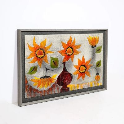 Gilbert Valentin Modernist Ceramic Tile Wall Plaque of Sunflowers Signed Gilbert Valentin