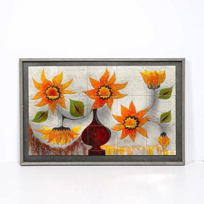 Gilbert Valentin Modernist Ceramic Tile Wall Plaque of Sunflowers Signed Gilbert Valentin