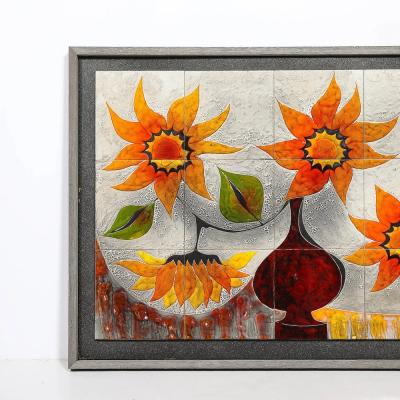Gilbert Valentin Modernist Ceramic Tile Wall Plaque of Sunflowers Signed Gilbert Valentin