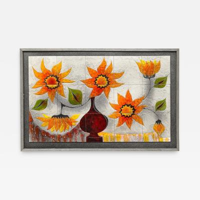 Gilbert Valentin Modernist Ceramic Tile Wall Plaque of Sunflowers Signed Gilbert Valentin