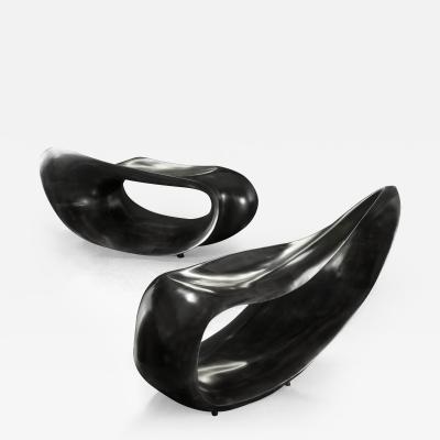 Gildas Berthelot Pair of Sculpted Benches in Ebonized Maple Signed by Gildas Berthelot