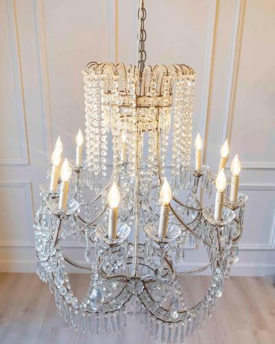 Gilded Italian Basket Chandelier with Crystal and Glass Drops c 1900