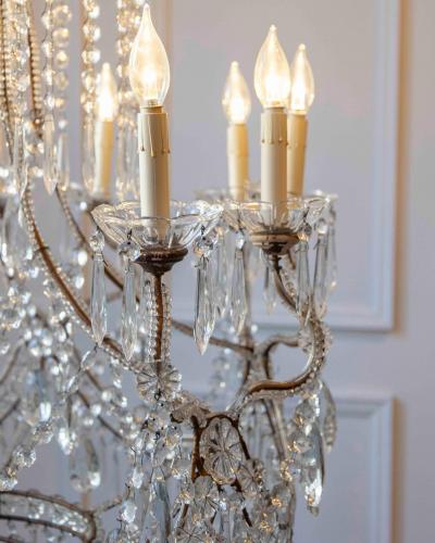 Gilded Italian Basket Chandelier with Crystal and Glass Drops c 1900