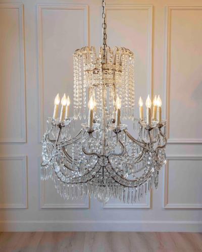 Gilded Italian Basket Chandelier with Crystal and Glass Drops c 1900