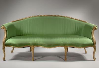 Gilded suite of six open armchairs and settee 