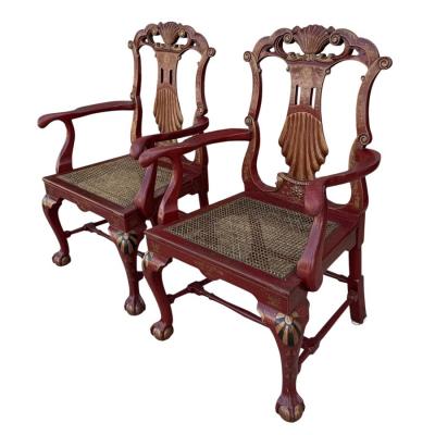 Giles Grendey 18c Style Giles Grendey Inspired Burton Ching Red Chinoiserie Arm Chairs
