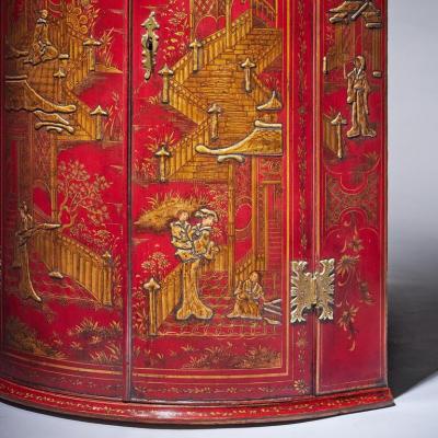 Giles Grendey 18th Century George II Scarlet Red Japanned Corner Cupboard Att Giles Grendey