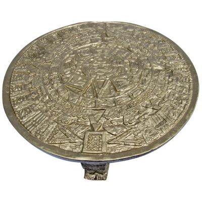 Gilt Bas Relief Aztec Calendar Coffee Table Cast Aluminium Mexican 1960s