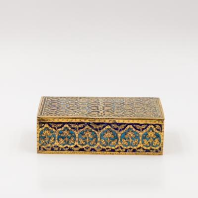 Gilt Brass and Blue Enamel Cigarette Box with Floral and Geometric Decoration