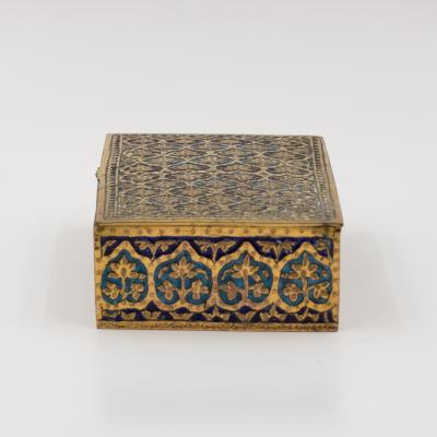 Gilt Brass and Blue Enamel Cigarette Box with Floral and Geometric Decoration