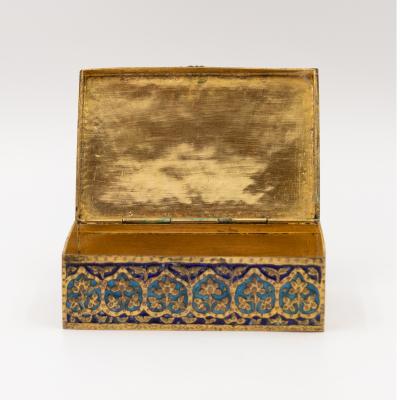 Gilt Brass and Blue Enamel Cigarette Box with Floral and Geometric Decoration