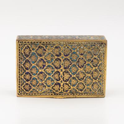 Gilt Brass and Blue Enamel Cigarette Box with Floral and Geometric Decoration