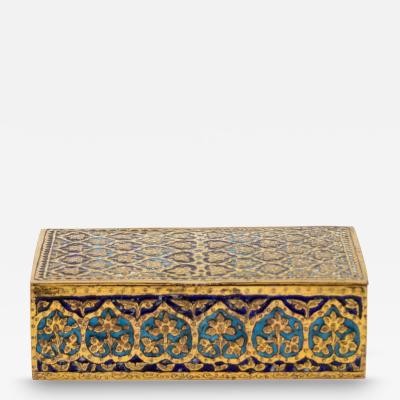 Gilt Brass and Blue Enamel Cigarette Box with Floral and Geometric Decoration