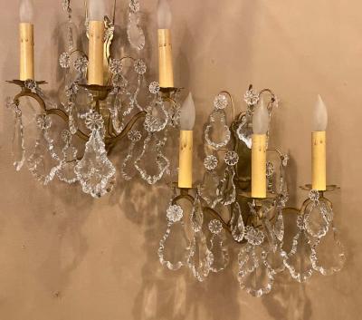 Gilt Bronze and Crystal Three Light Wall Sconces French Early 20th Century Pair
