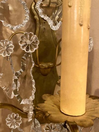 Gilt Bronze and Crystal Three Light Wall Sconces French Early 20th Century Pair