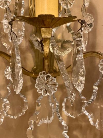 Gilt Bronze and Crystal Three Light Wall Sconces French Early 20th Century Pair