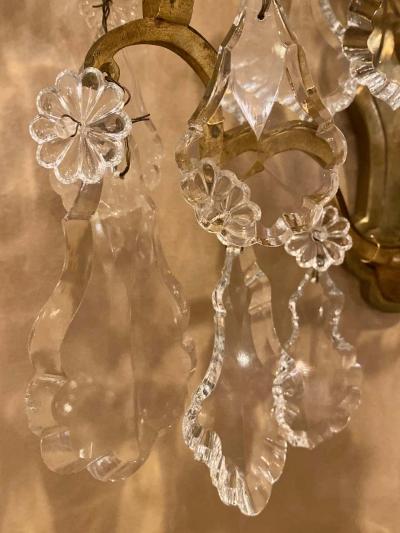 Gilt Bronze and Crystal Three Light Wall Sconces French Early 20th Century Pair