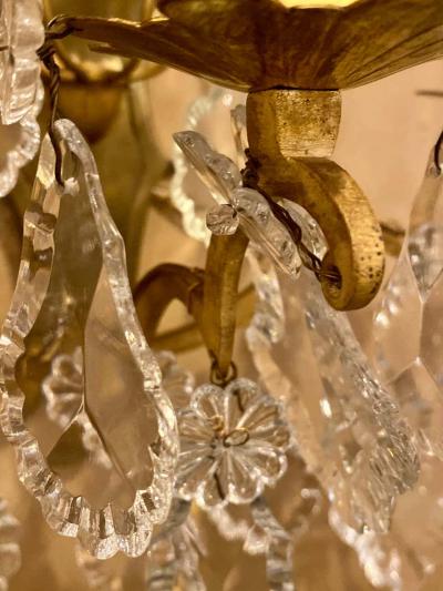 Gilt Bronze and Crystal Three Light Wall Sconces French Early 20th Century Pair