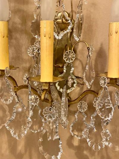 Gilt Bronze and Crystal Three Light Wall Sconces French Early 20th Century Pair