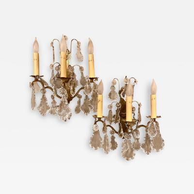 Gilt Bronze and Crystal Three Light Wall Sconces French Early 20th Century Pair
