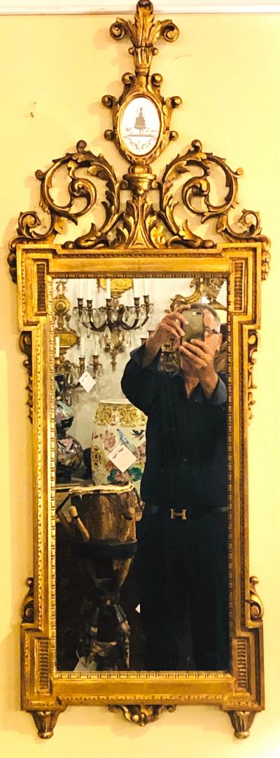 Gilt Carved Wall Console or Table Mirror with High Open Fleur de Lis Pediment