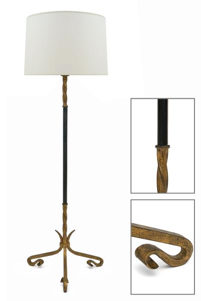 Gilt Iron and Black Leather Standing Lamp
