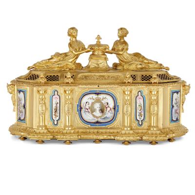 Gilt bronze and S vres style porcelain Louis XVI style casket on stand