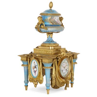 Gilt bronze and S vres style porcelain clock garniture