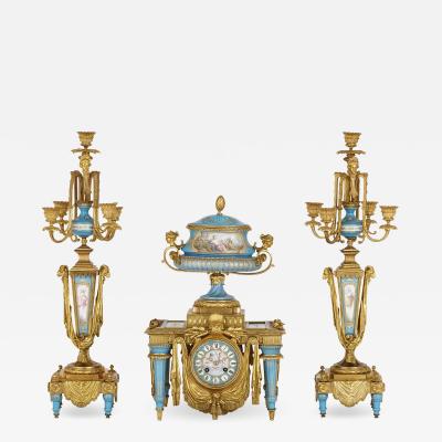 Gilt bronze and S vres style porcelain clock garniture