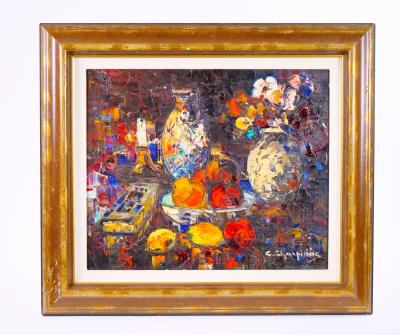 Gilt wood frame Christo Charpides Greek 1902 1992 Still life Flowers fruit