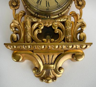Giltwood Cartel Wall Clock Complete Original Key Enameled Face Pendulum