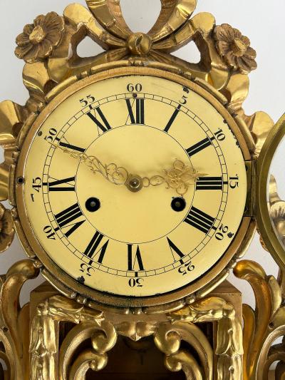 Giltwood Cartel Wall Clock Complete Original Key Enameled Face Pendulum