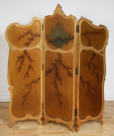 Giltwood and painted antique French three panel screen