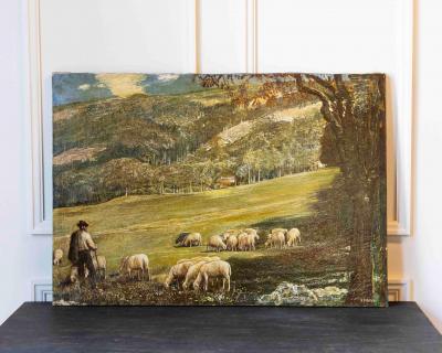 Gino Federici Shepherd with Flock Oil on Canvas Signed 20th Century