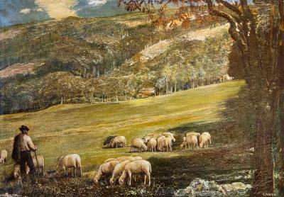 Gino Federici Shepherd with Flock Oil on Canvas Signed 20th Century