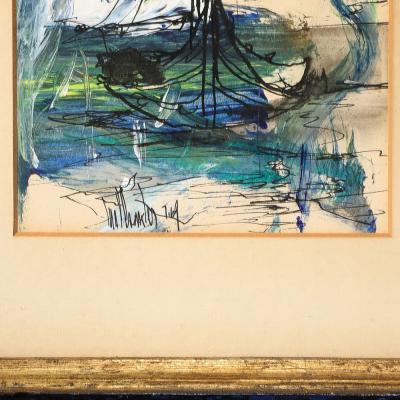 Gino Hollander Mid Century Ink Acrylic Abstracted Painting of Sailboat by Gino Hollander
